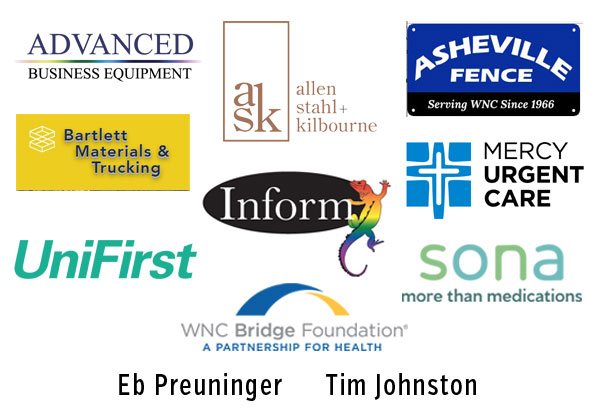 Team sponsors: Advanced Business Equipment, Allen, Stahl, + Kilbourne, Asheville Fence, Bartlett materials & Trucking, Inform, Sona, UniFirst, WNC bridge foundation, Insurance brokers, Eb Preuninger, Tim Johnston